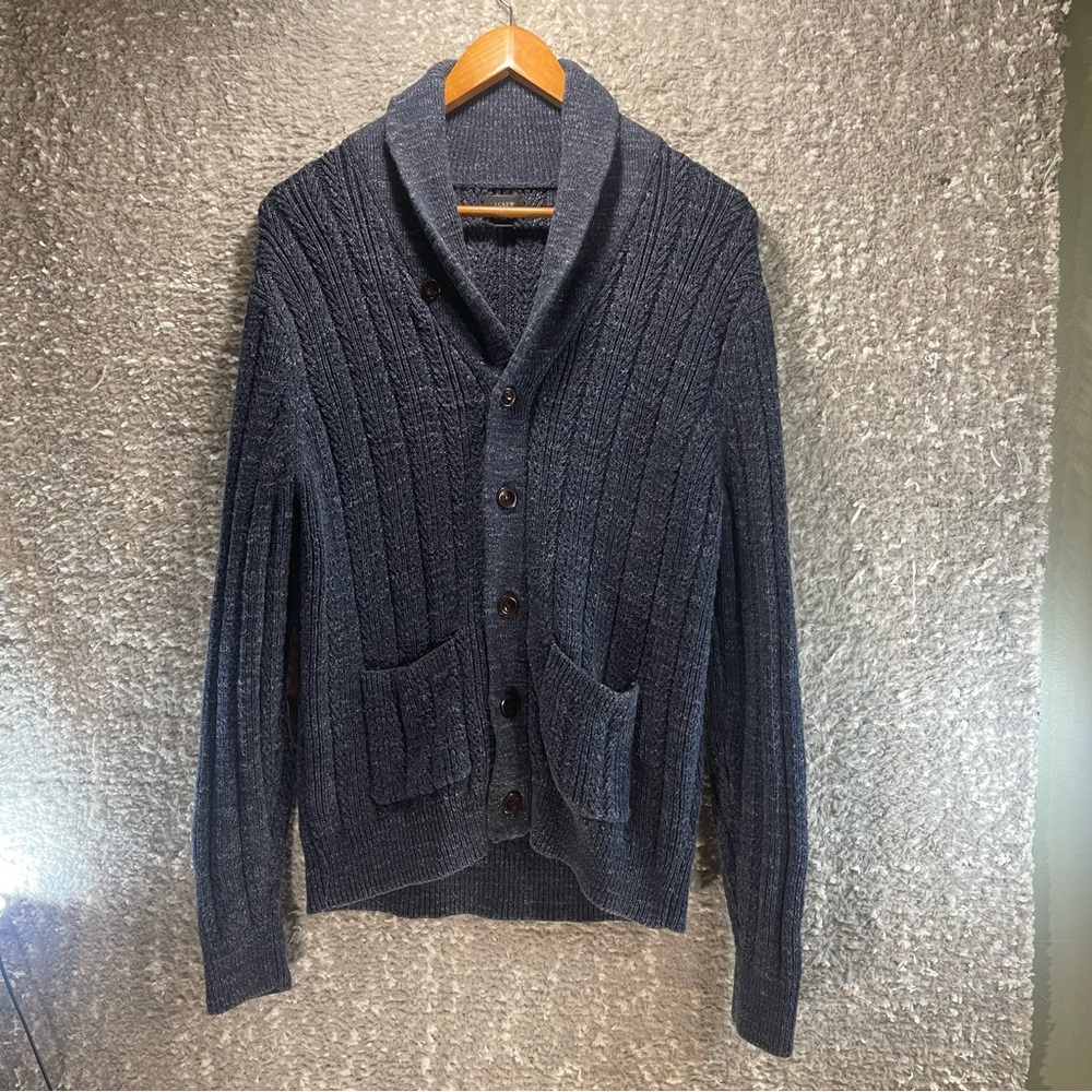 J.Crew Mariner Cable-Knit Shawl Sweater Buttons Blue Elbow Patch M Cotton